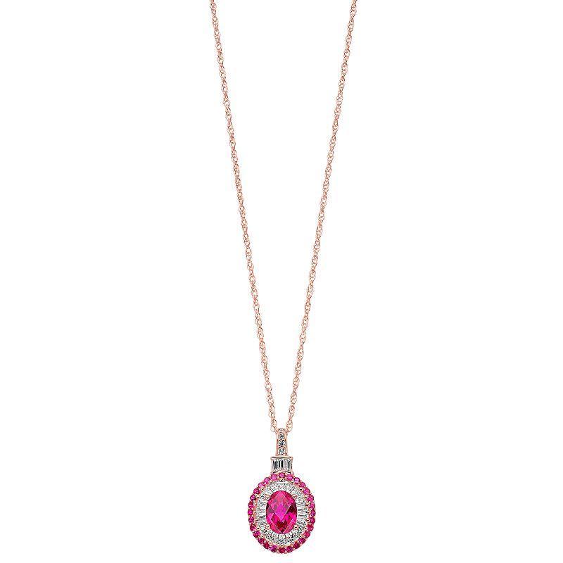 14k Rose Gold Over Silver Lab-Created Ruby & Lab-Created White Sapphire Oval Halo Pendant, Womens Pink Tone Product Image