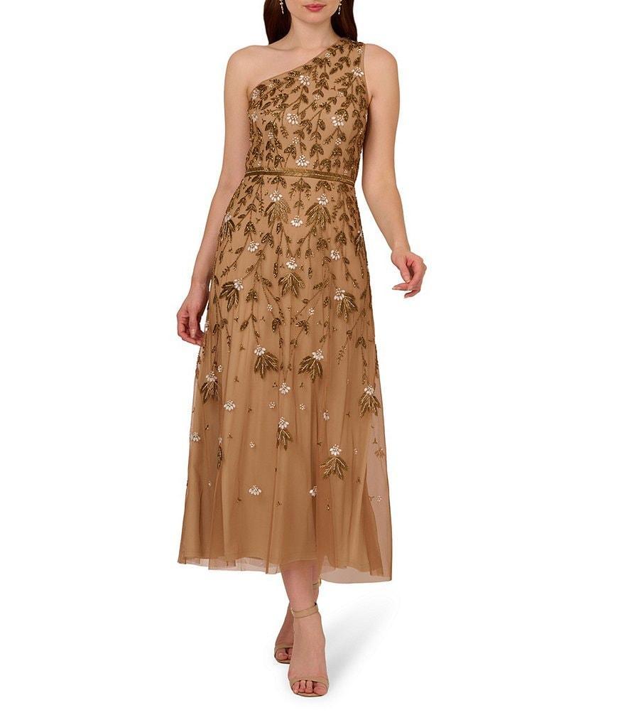 Adrianna Papell One Shoulder Beaded Mesh Tea Length Dress Product Image