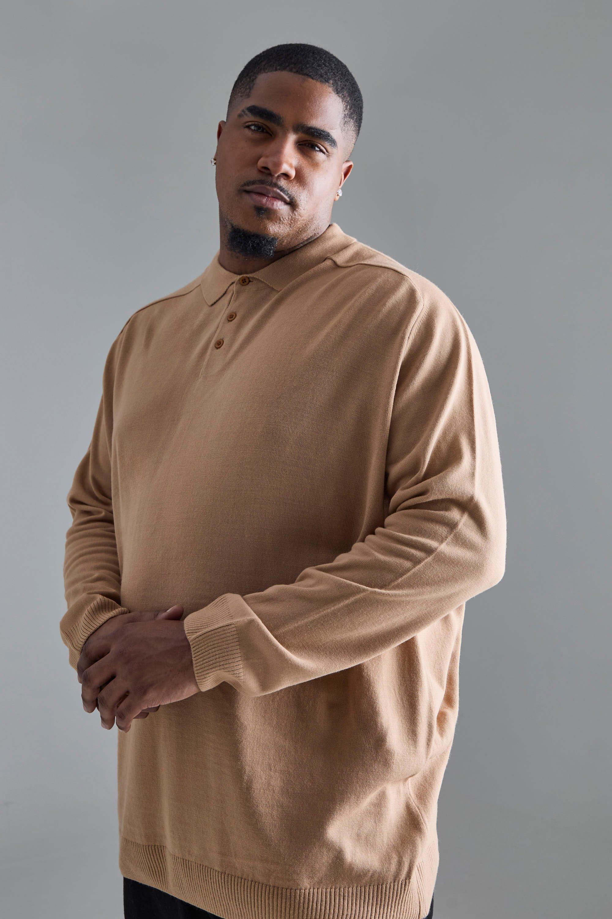 Plus Oversized Knitted Polo In Taupe | boohooMAN USA product image