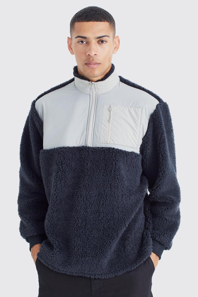 Oversized Boxy 1/4 Zip Nylon Panel Borg Sweatshirt | boohooMAN USA Product Image