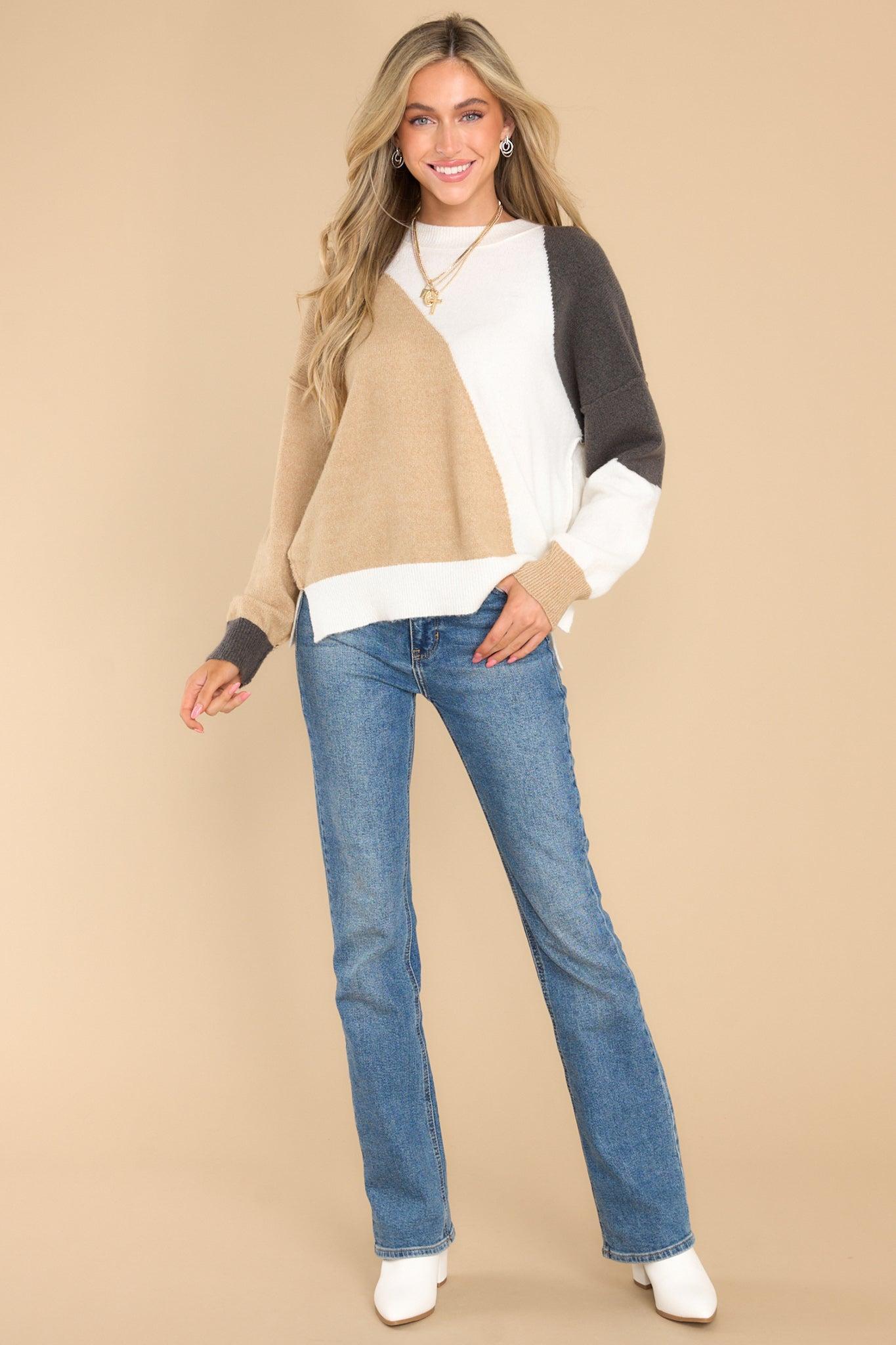 Feeling The Fun Taupe Color Block Knit Sweater Product Image