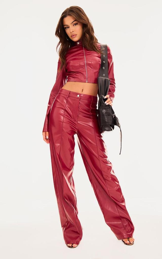 Red Faux Leather Seam Detail Straight Leg Trousers Product Image