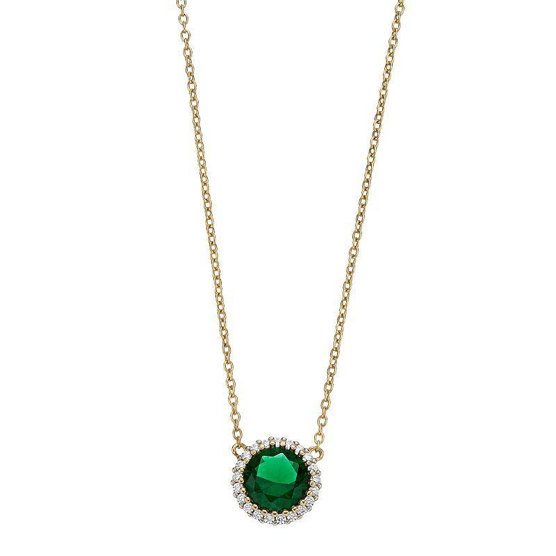 14k Gold Over Sterling Silver Two-Tone Cubic Zirconia Round Halo Necklace, Womens Green Product Image