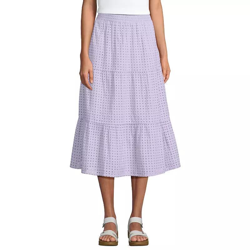 Womens Lands End Poplin Pull-On Tiered Eyelet Midi Skirt Product Image