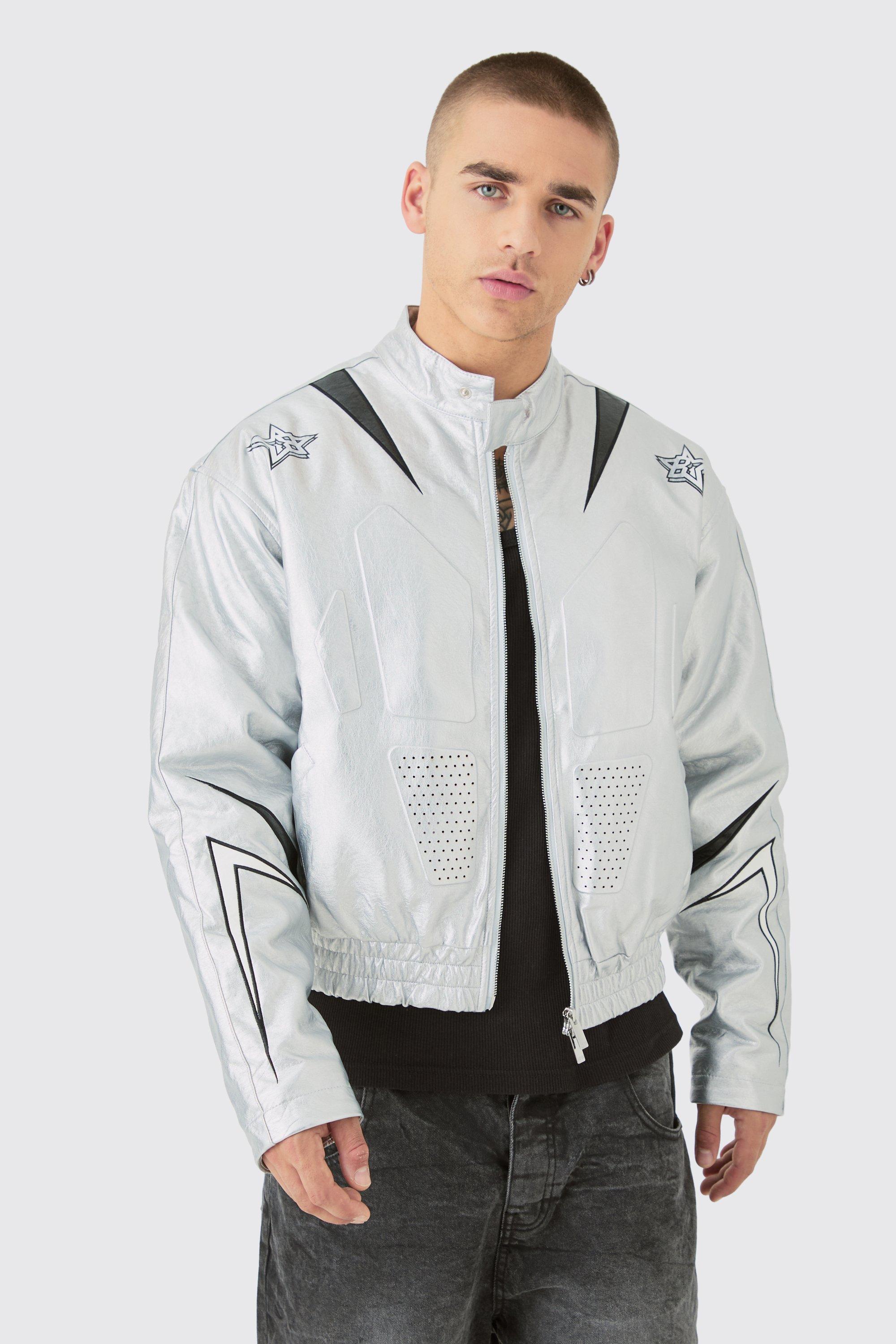 Boxy Fit Metallic PU Panel Moto Jacket | boohooMAN USA Product Image