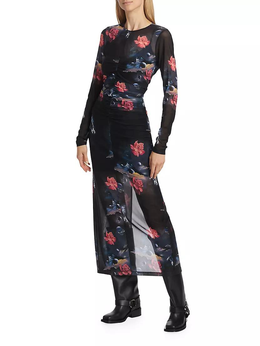 Ruched Floral Mesh Maxi Dress Product Image