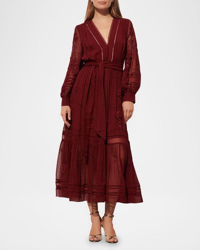 Sierra Embroidered Long-Sleeve Belted Midi Dress Product Image