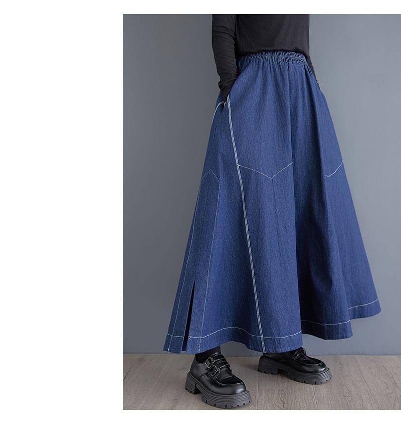 Elastic Waist Contrast Stitched Slit Denim Maxi A-Line Skirt Product Image