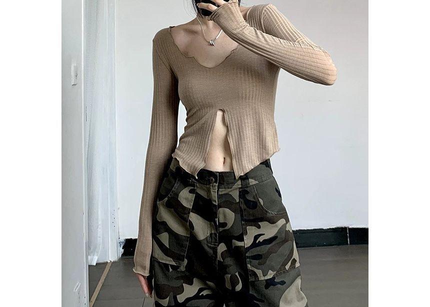 Long-Sleeve Scoop Neck Plain Lettuce Trim Crop Knit Top Product Image