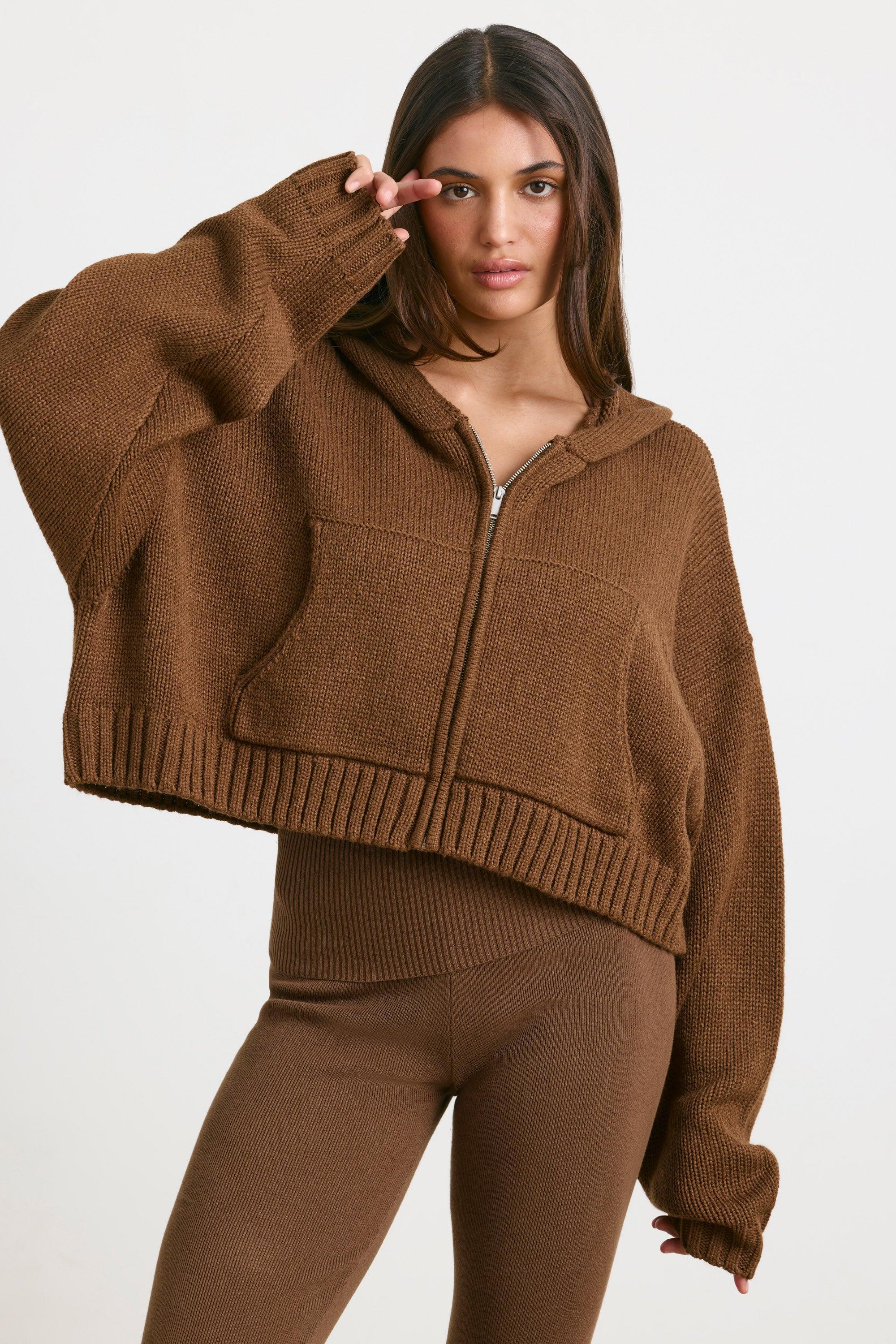 Cropped Zip Up Chunky Knit Hoodie in Espresso Product Image