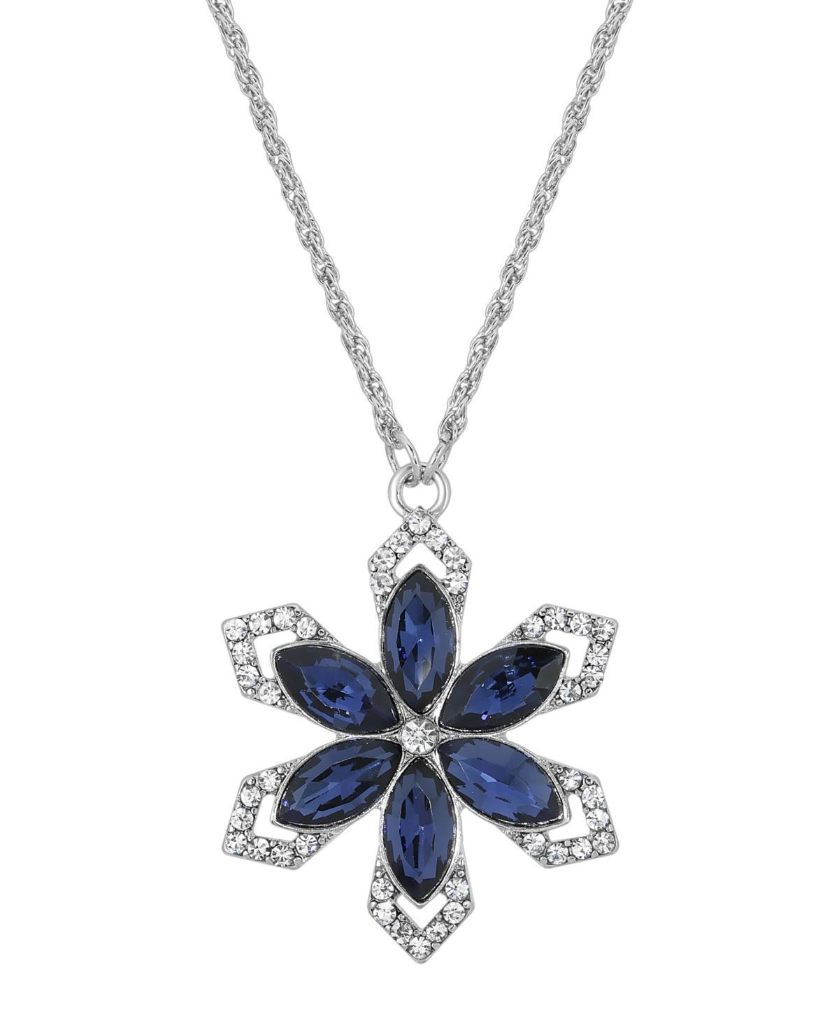 2028 Silver-Tone Sapphire Blue Color Stone with Crystals Flower 16 Adjustable Necklace Product Image