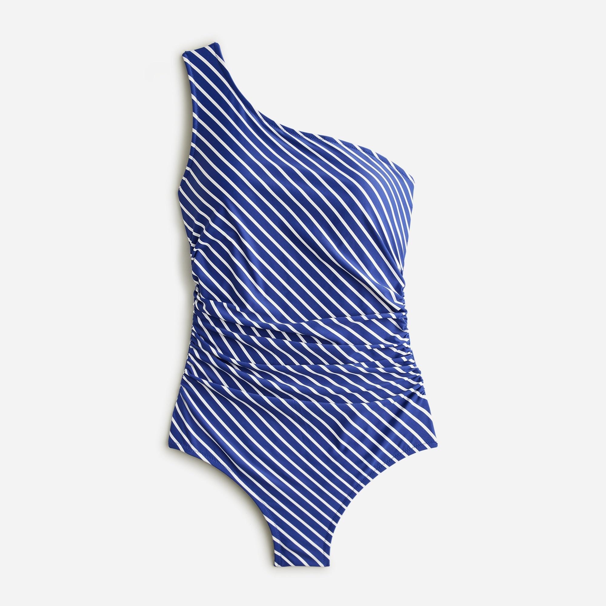 Sleek ruched one-shoulder one-piece swimsuit in stripe Product Image