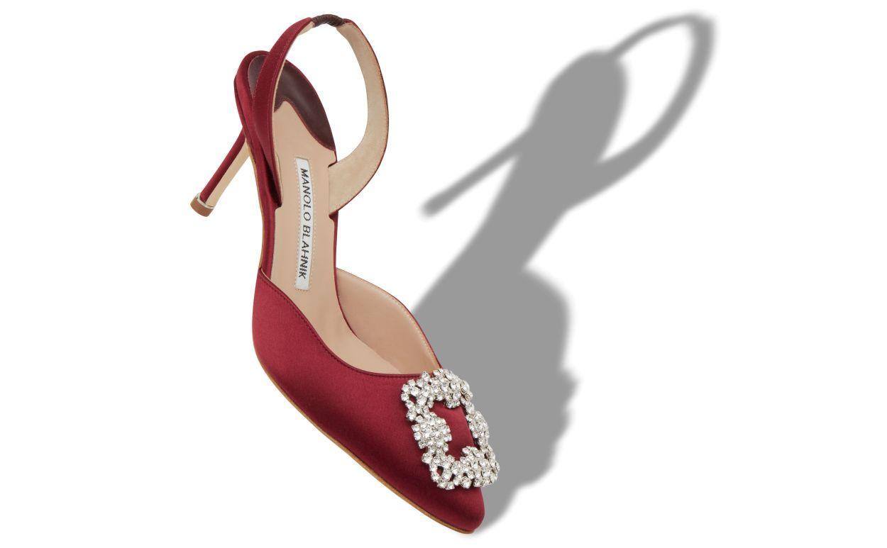 HANGISLI Dark Red Satin Jewel Buckle Slingback Pumps Product Image