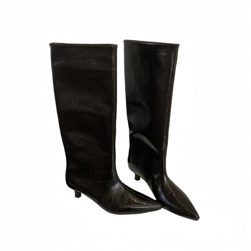 Kitten Heel Pointed Toe Plain Faux Leather Tall Boots Product Image