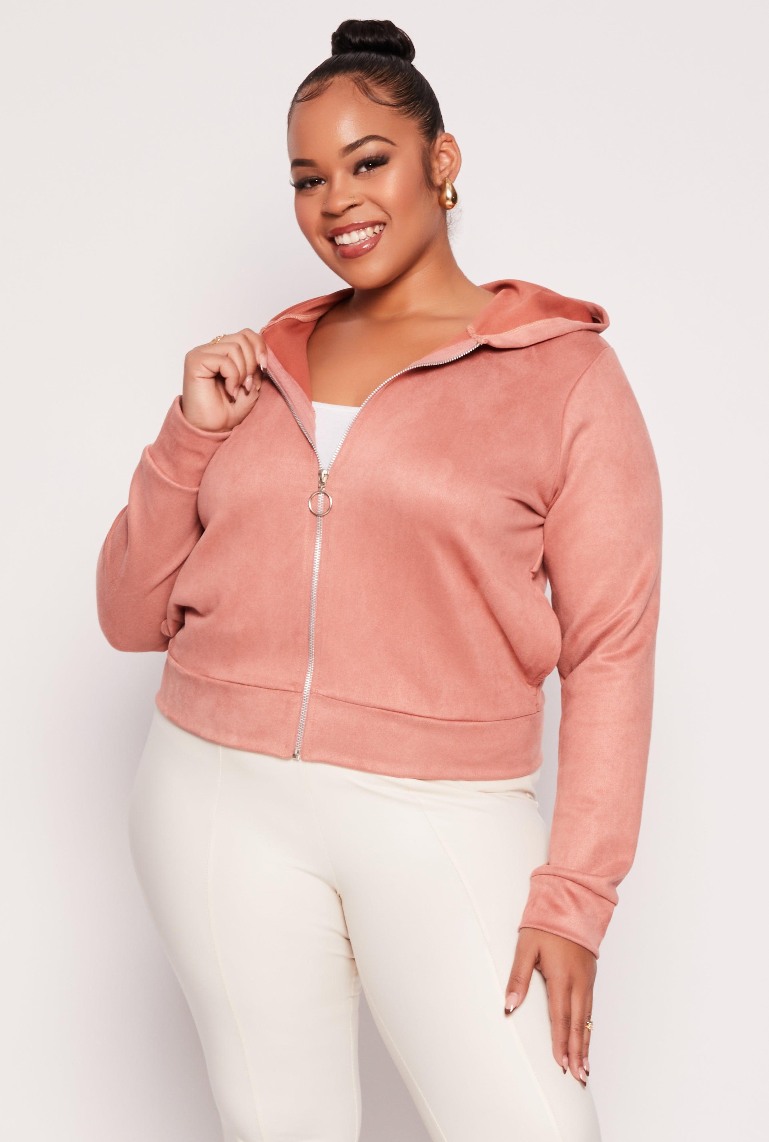 Womens Plus Size Faux Suede Zip Front Hoodie Product Image