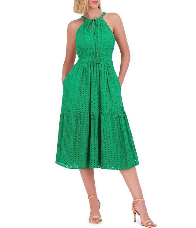 Vince Camuto Halter Neck Sleeveless Embroidered Midi Dress Product Image