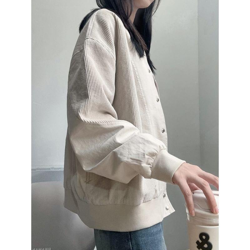 Plain Corduroy Button Bomber Jacket Product Image