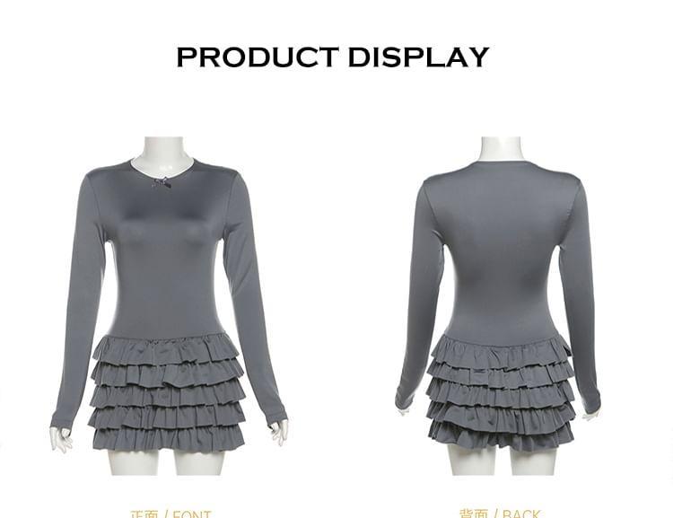 Long-Sleeve Crew Neck Plain Ruffle Bow Mini A-Line Dress Product Image