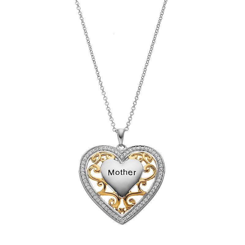 Sentimental Expressions Two Tone Sterling Silver Cubic Zirconia Mother Heart Necklace, Womens Grey Product Image