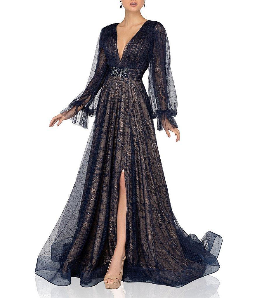 Terani Couture Lace V-Neck Long Sleeve Gown Product Image