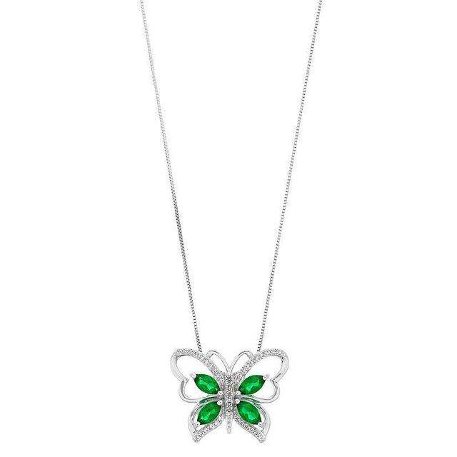 Sterling Silver Simulated Emerald & Simulated White Sapphire Butterfly Necklace, Womens Silver Tone Product Image