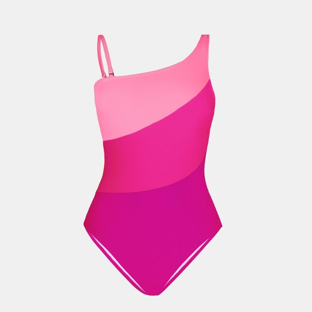 Women's Color Block One Shoulder One Piece Swimsuit - Cupshe-Medium-Neon Pink Product Image