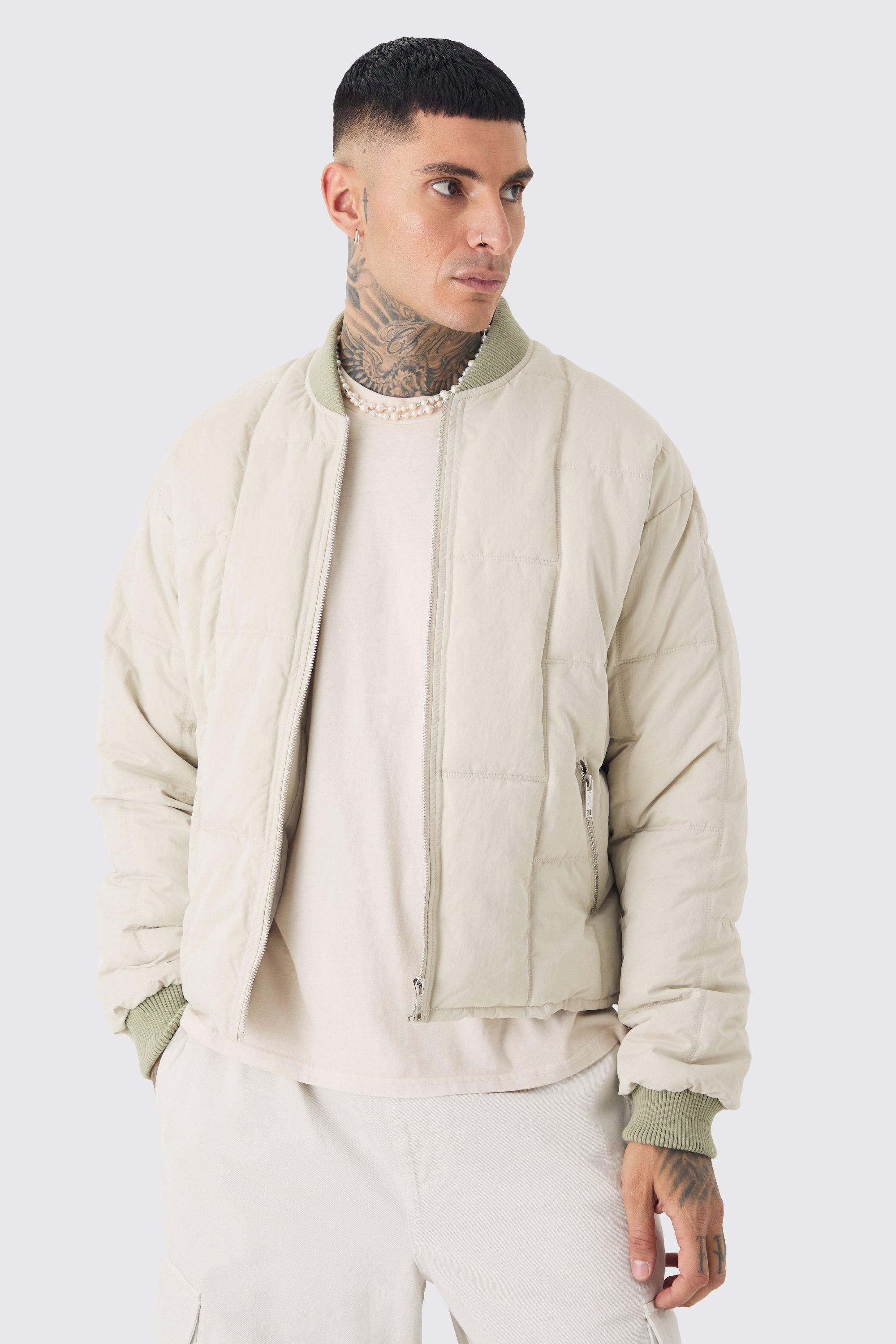 Tall Boxy Quilted Bomber Jacket In Stone | boohooMAN USA Product Image