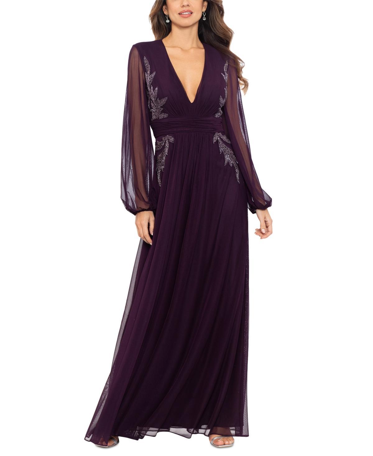 Betsy  Adam V-Neck Long Sleeve Beaded Side Gown Product Image