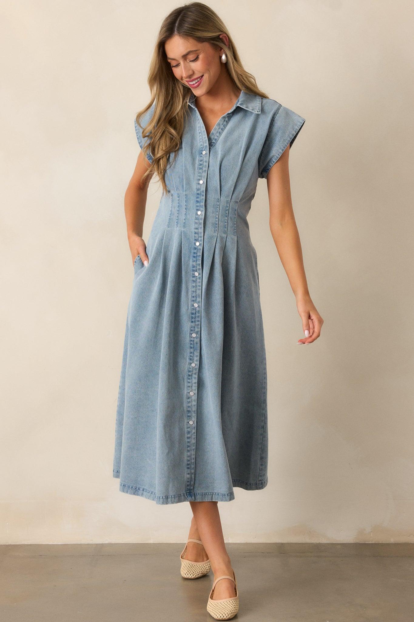 Classic Tea Party Light Wash Denim Button Front Pleated Midi Dress Product Image