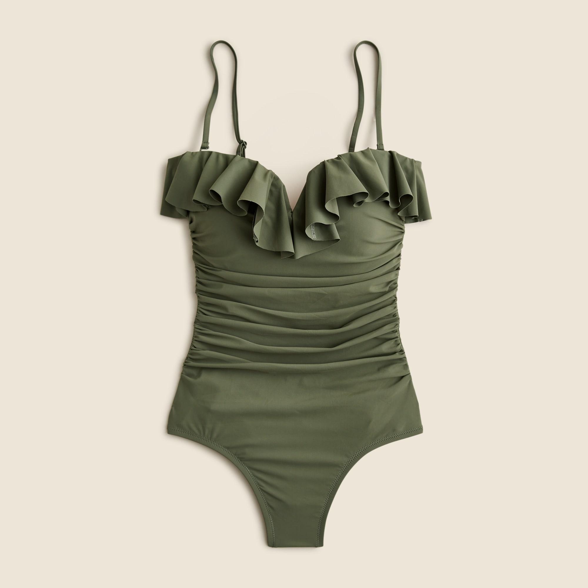 Matte ruched one-piece swimsuit with ruffles Product Image