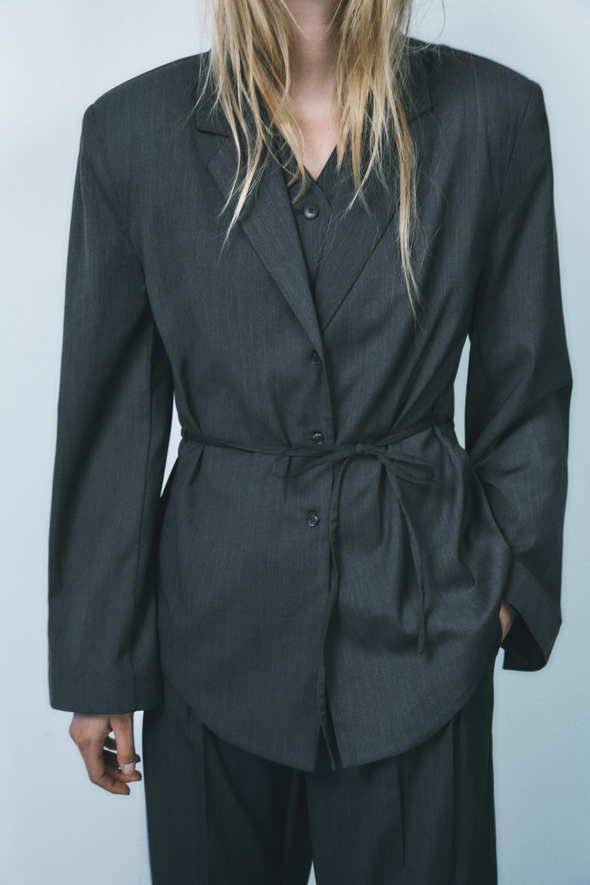 BELTED PINSTRIPE BLAZER Product Image