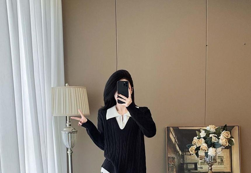 Set: Collared Mock Two-Piece Two Tone Cable Knit Half-Zip Sweater + High Waist Plain Wide Leg Pants Product Image