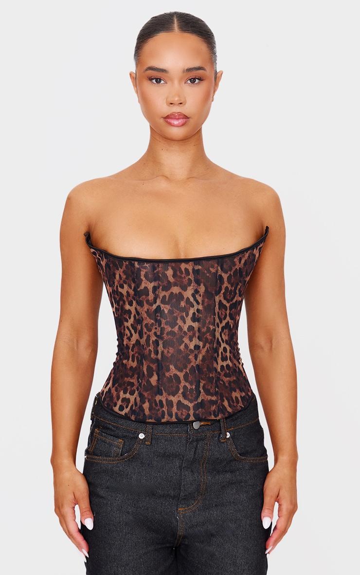 Leopard Print Mesh Lace Up Detail Bandeau Corset Product Image