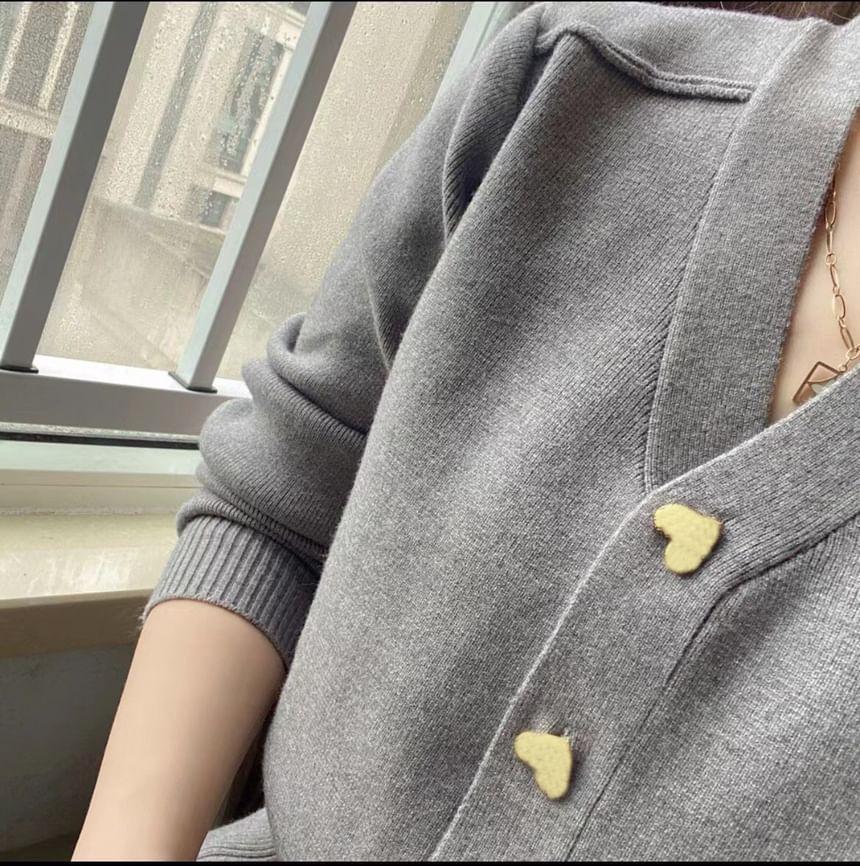 V-Neck Heart Button Cardigan Product Image