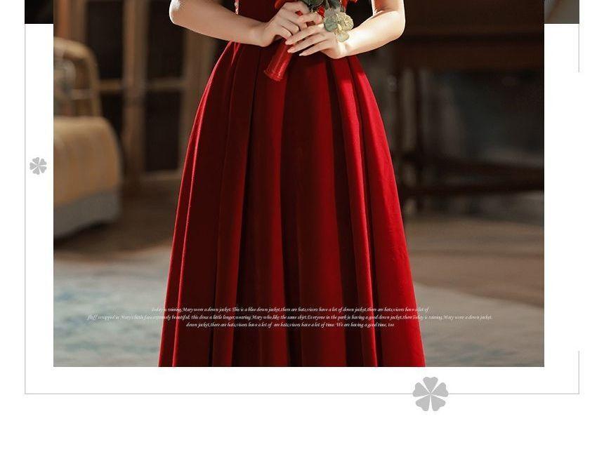 Mandarin Collar Faux Pearl Velvet A-Line Evening Gown / Midi Cocktail Dress Product Image