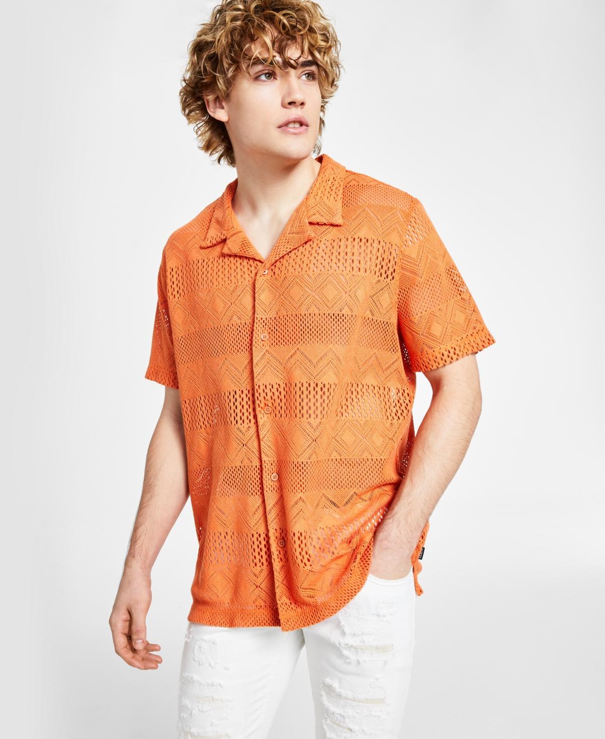 Guess Mens Short-Sleeve Geometric Crochet-Knit Shirt Product Image