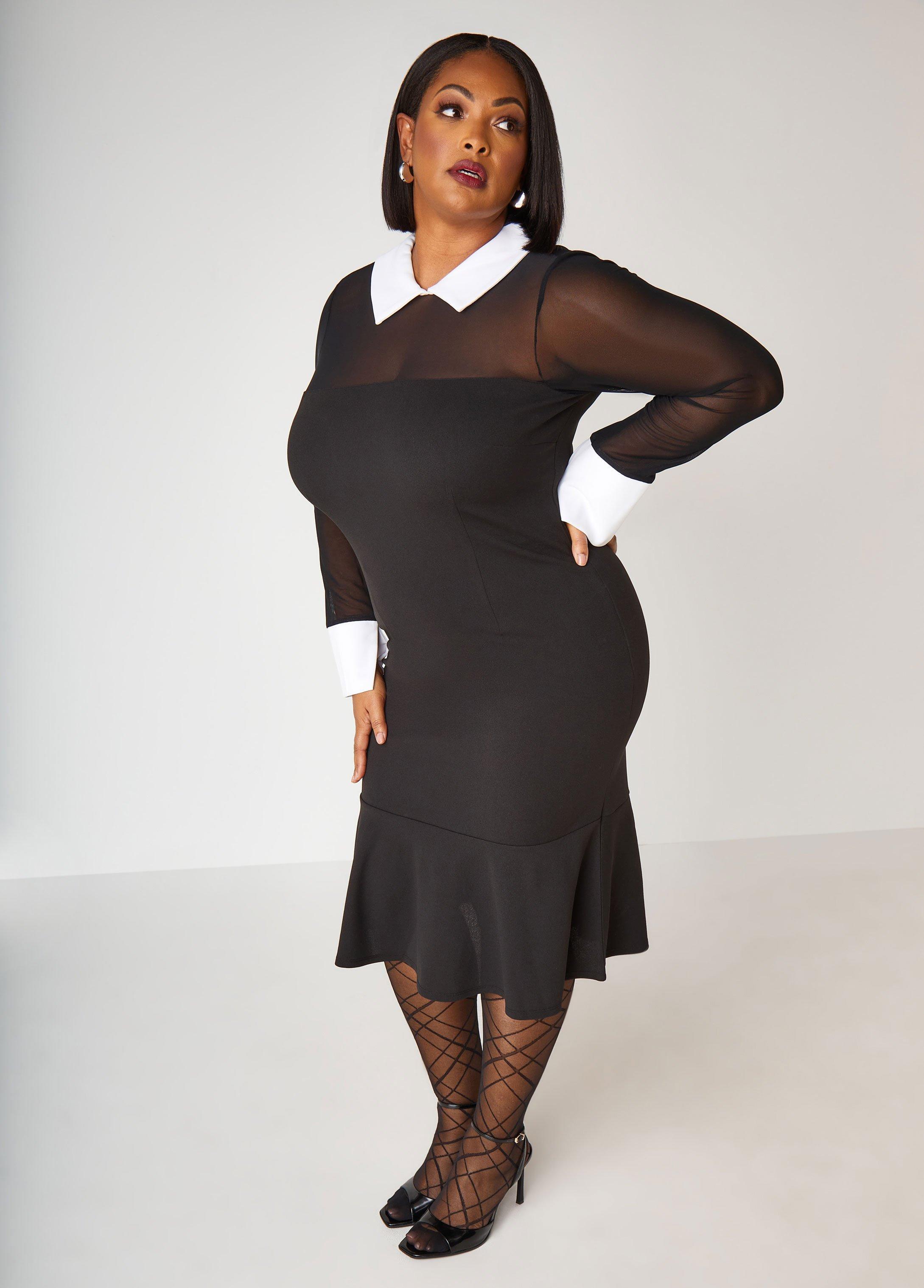 Plus Size Mesh Paneled Midi Bodycon Dress Ashley Stewart Product Image