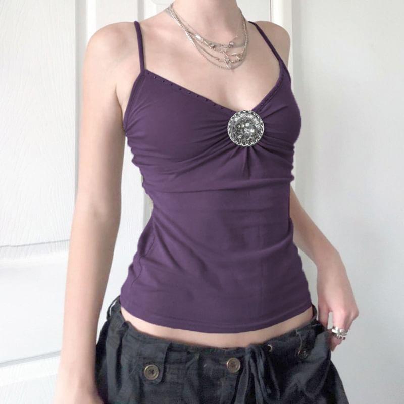 Spaghetti Strap V-Neck Rhinestone Buckle Camisole Top Product Image