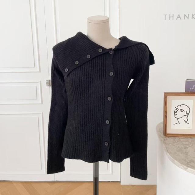 Off-Shoulder Long-Sleeve Plain Ribbed Button-Up Knit Top Product Image