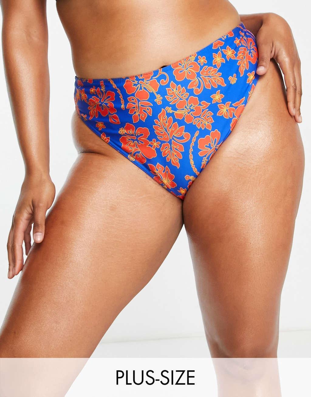 COLLUSION Plus hibiscus floral highwaisted bikini brief in blue - MBLUE Product Image