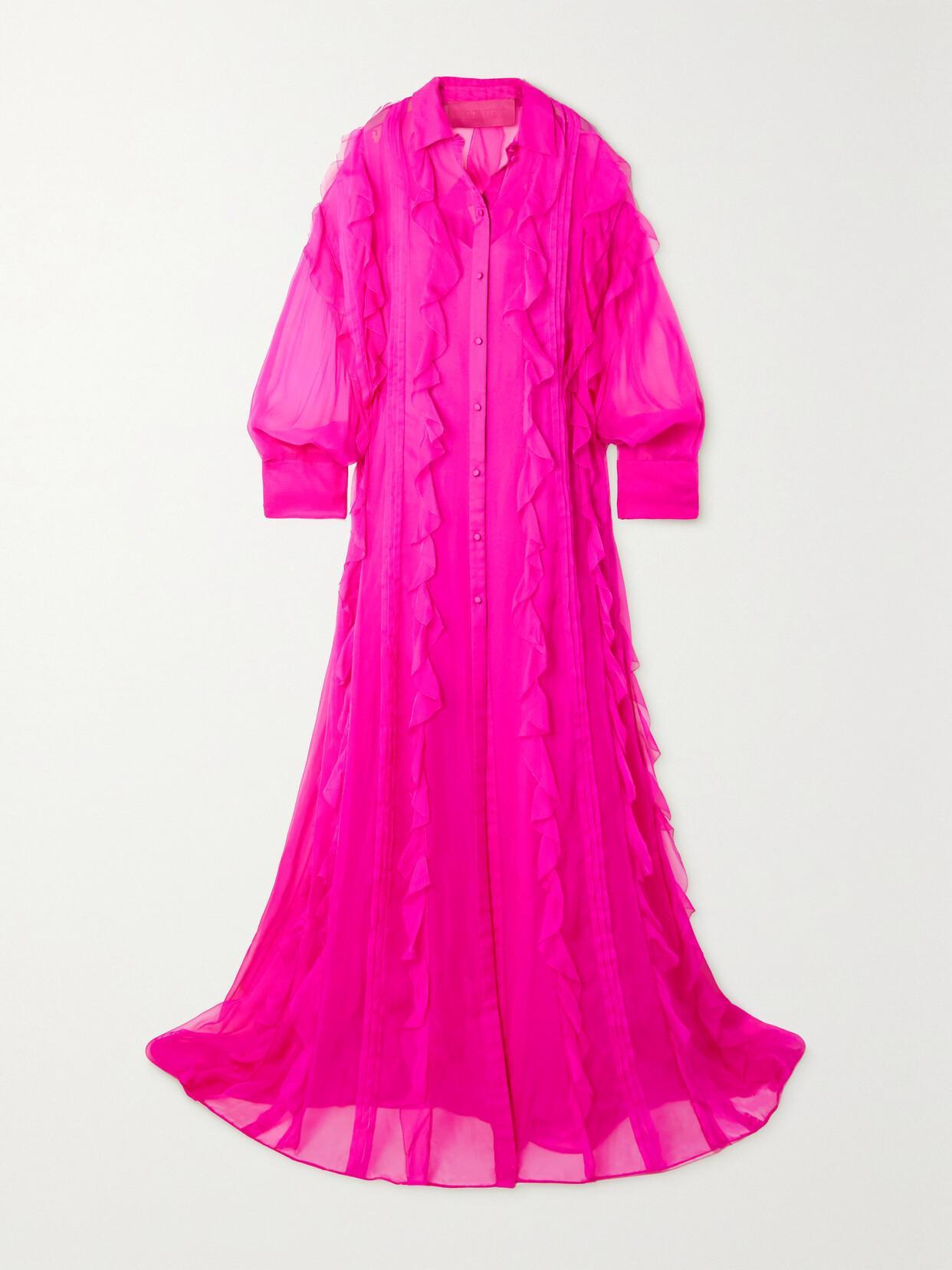 Cascading Ruffle Silk Chiffon Shirt Gown In Pink Product Image