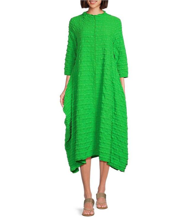 IC Collection Bubble Check Woven High Neck 3/4 Sleeve Sharkbite Hem Midi A-Line Dress Product Image