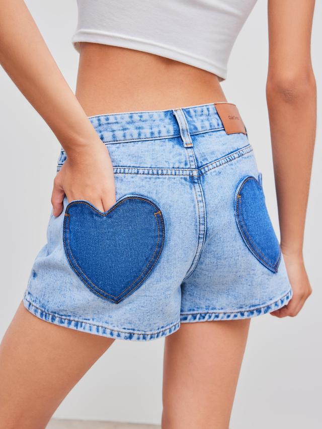 Denim Mid Rise Heart Pocket Shorts Product Image