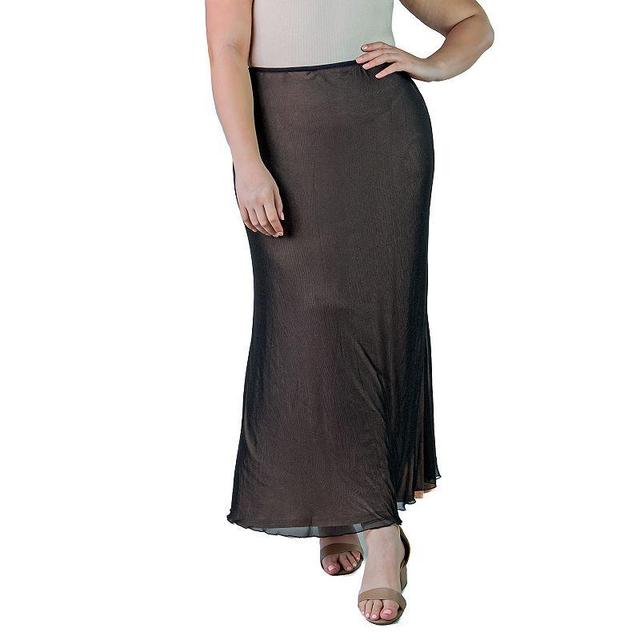 Plus Size 24Seven Comfort Apparel Print Sheer Overlay Elastic Waist Maxi Skirt, Womens Black Product Image