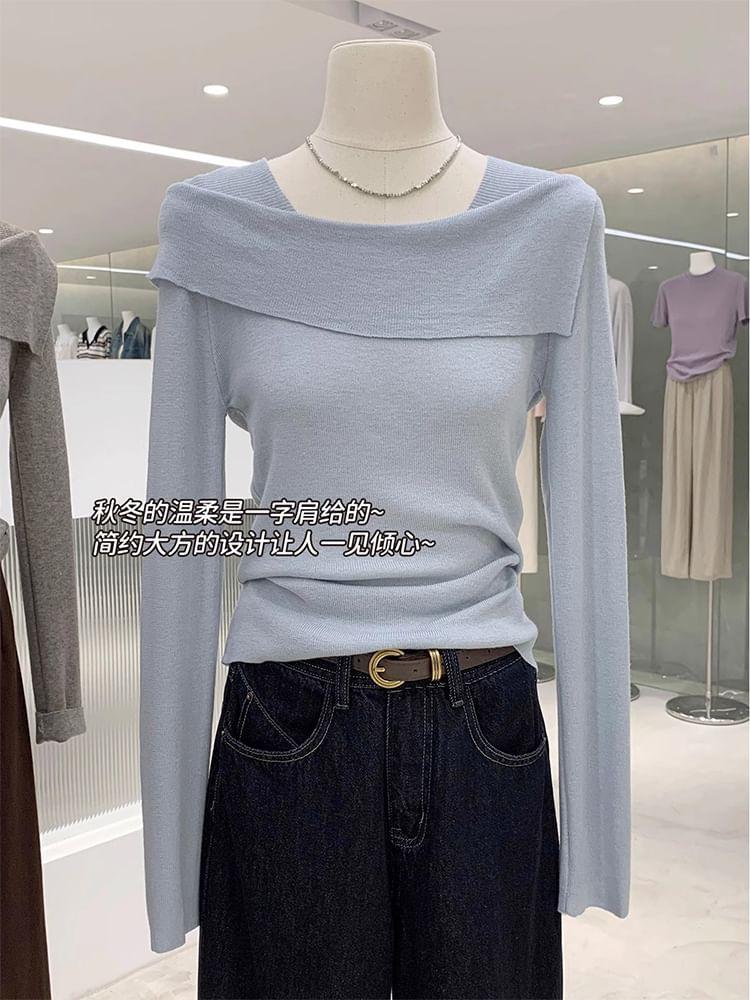 Long Sleeve Boat Neck Plain Knit Top Product Image