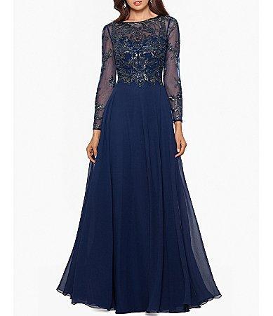 Xscape Illusion Crew Neck Long Sleeve Floral Beaded Bodice Chiffon Gown Product Image