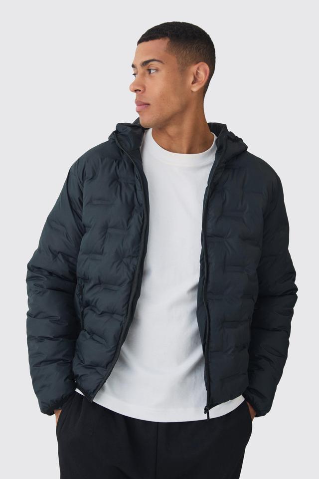 Hooded Heat Seal Quilted Jacket In Black | boohooMAN USA Product Image