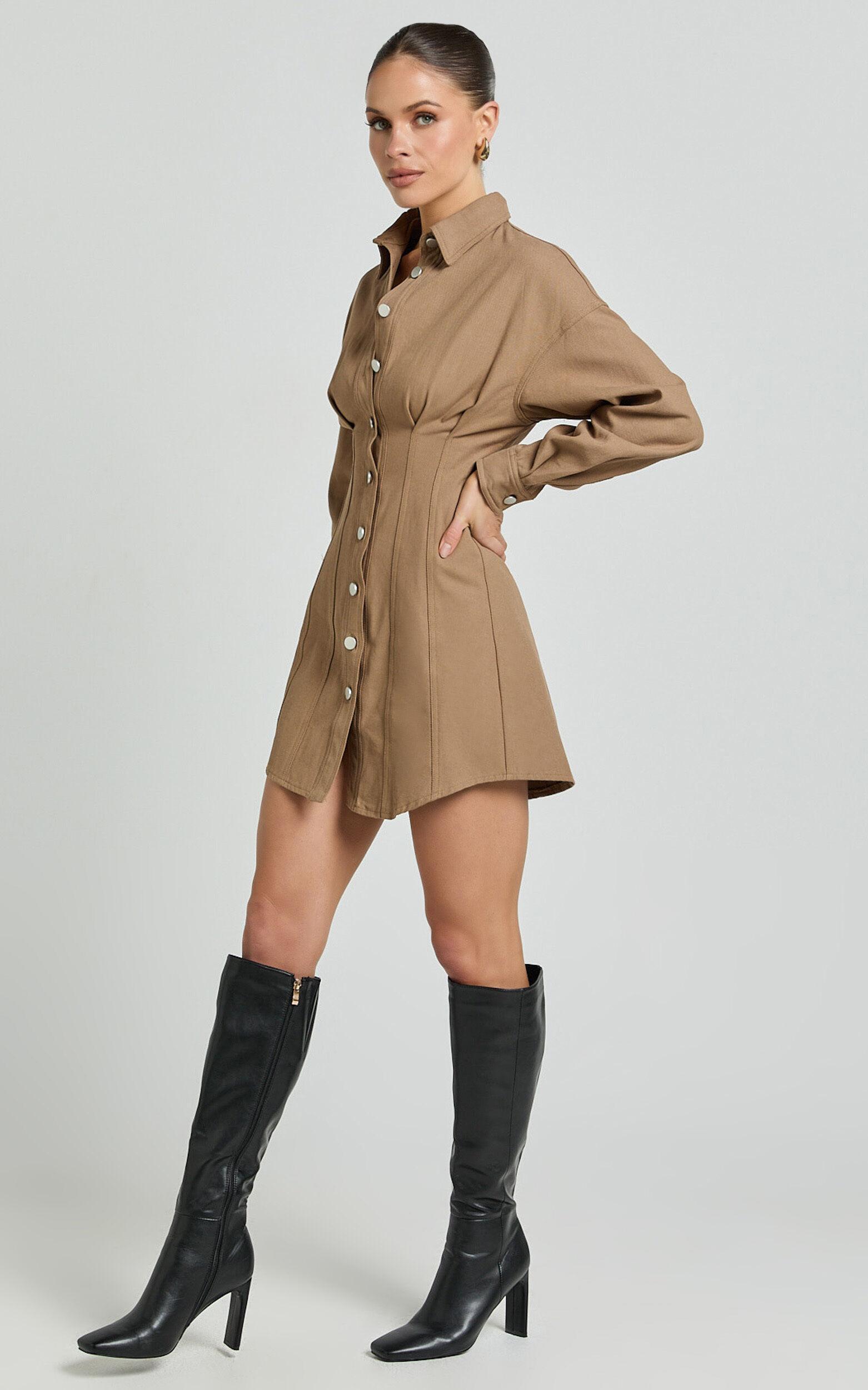 Sofia Mini Dress - Button Through Long Sleeve Dress in Mocha Product Image