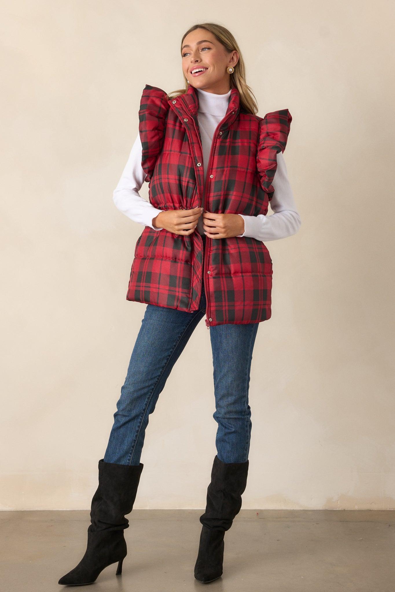 I Found You Red Plaid Flutter Sleeve Puffer Vest Product Image