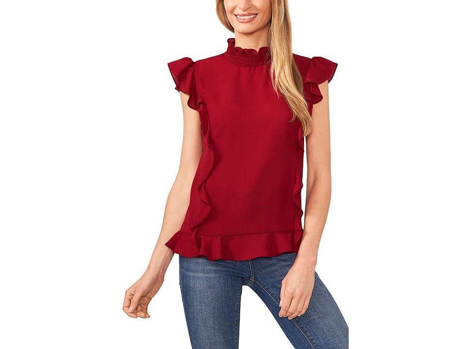 CeCe Sleeveless Mock Neck Ruffled Blouse (Mulberry Red) Women's Clothing Product Image